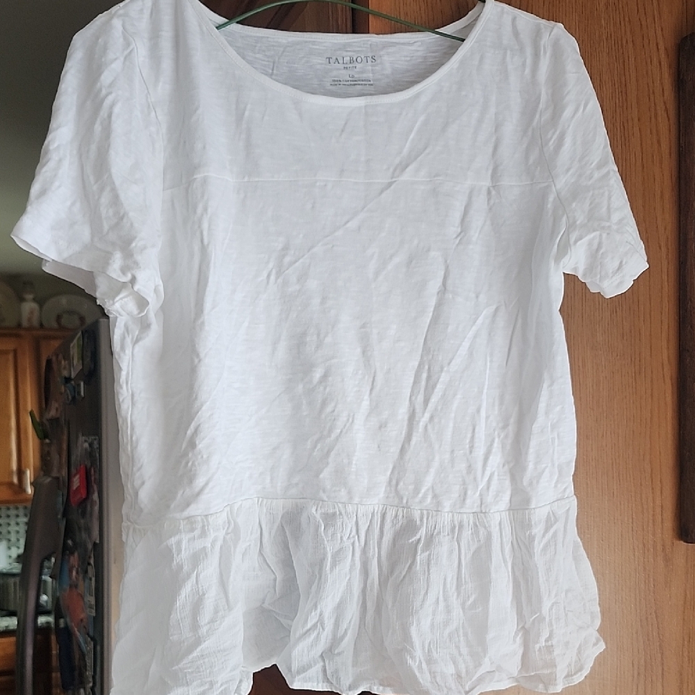Talbots White Ruffle Hem Cotton Blouse Large